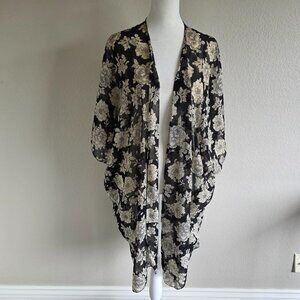 Brandy Melville Long Open Front Sheer Black Floral Kimono One Size Cotton Blend